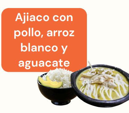Ajiaco con pollo, arroz blanco y aguacate